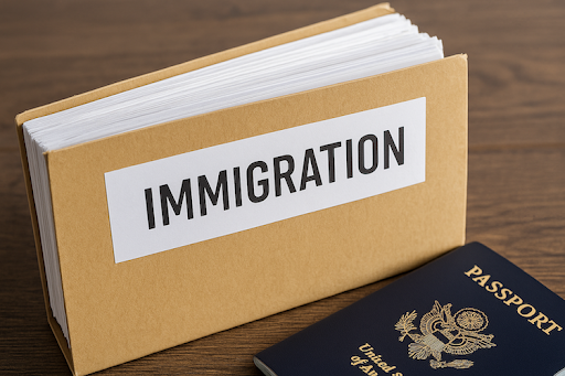 Close-up of immigration file folder and U.S. passport symbolizing ICE detention and immigration legal process in Nashville, Tennessee.