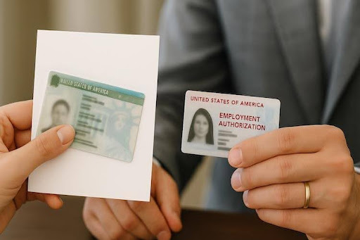 Marriage green card and employment authorization document symbolizing Nashville green card application process timeline.