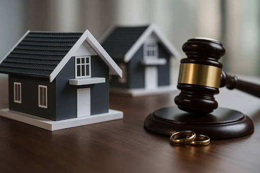 Model houses, gavel, and wedding rings representing home division in a Tennessee divorce.