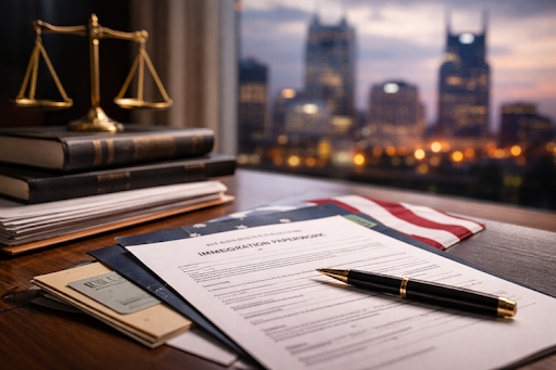 Legal documents related to immigration filing with Nashville skyline in background