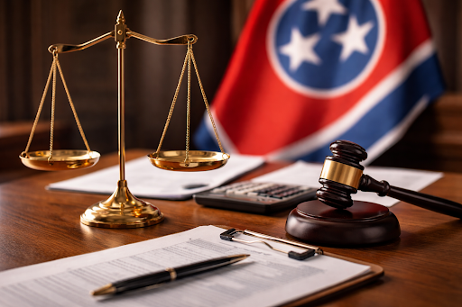 Scales of justice with financial documents and a Tennessee flag, illustrating income courts consider for alimony in Nashville.