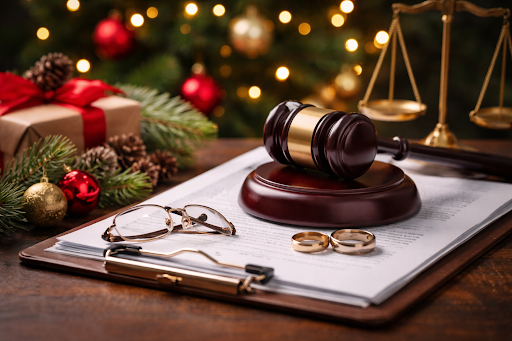 Judge’s gavel and wedding rings on divorce paperwork with holiday decorations in Nashville Tennessee