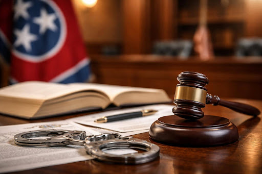 Criminal charge classification in Tennessee courts illustrated with legal symbols