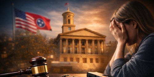 domestic assault legal concept in Tennessee with courtroom elements and law symbols