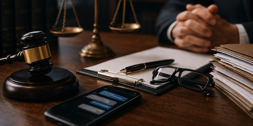 Legal consultation setting with phone messages and documents related to harassment charges in Tennessee