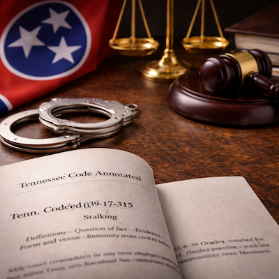 Criminal law concept for stalking charges in Tennessee with courtroom setting