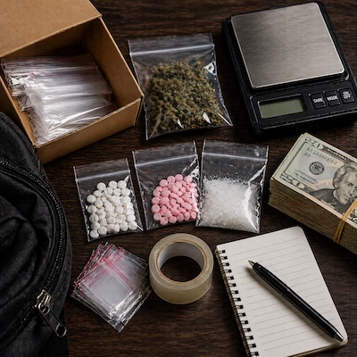Items commonly associated with intent to sell or deliver drug charges including packaging materials, substances, and cash