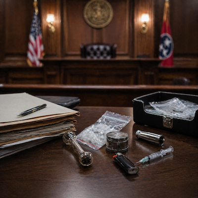 Courtroom scene with judge’s gavel and evidence items representing drug paraphernalia under legal review in Tennessee criminal cases
