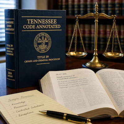 Legal framework for simple possession charges in Tennessee shown through a professional law office setting