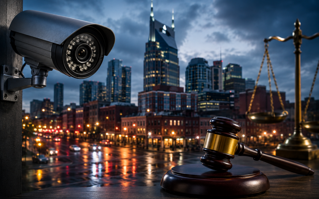 Security camera overlooking downtown Nashville with a judge's gavel and scales of justice representing surveillance evidence in Tennessee criminal cases