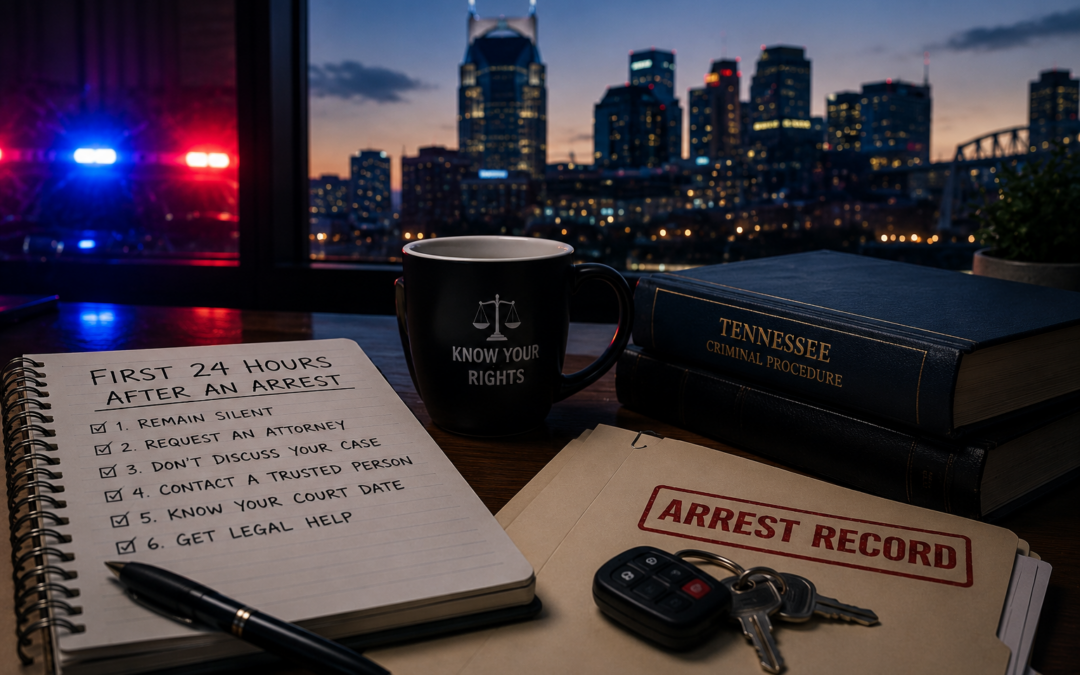 Law office desk with legal documents and Nashville skyline representing the first 24 hours after an arrest in Nashville, Tennessee — The Cassell Firm