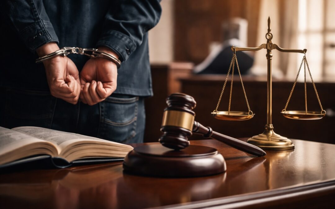 Defendant In Handcuffs Standing Before A Judge During A Probation Violation Hearing In A Tennessee Criminal Courtroom With A Gavel, Scales Of Justice, And Legal Reference Book On Display
