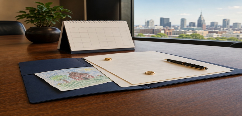 Documents organized for a family law consultation in Nashville, Tennessee