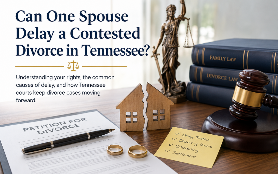 Divorce petition, gavel, split house, and wedding rings representing delays in a Tennessee contested divorce.