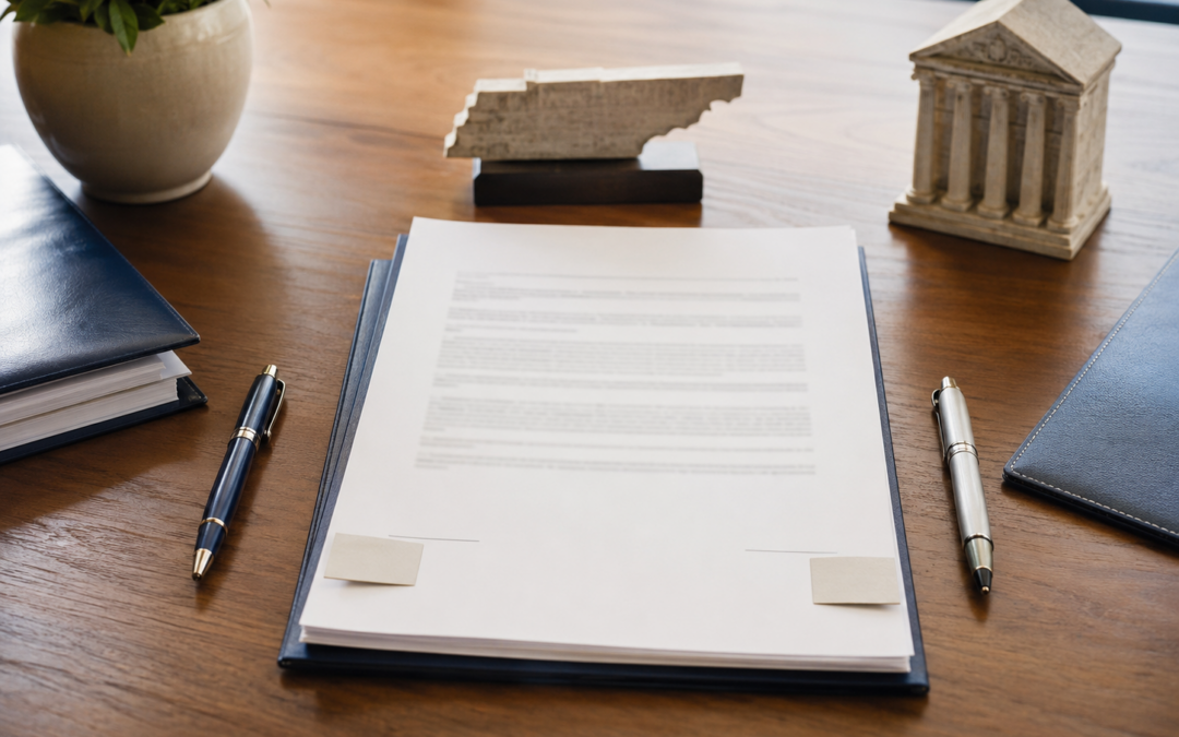 Divorce agreement on a table with two separate pens showing spouses reviewing papers independently in Tennessee.